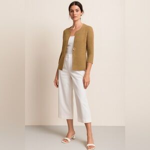 Jones New York Size MP Cardigan — Tan Knit 3/4 Sleeve One-Button Sweater Jacket